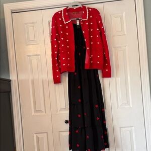 Red Heart Cardigan and Black Dress Ensemble